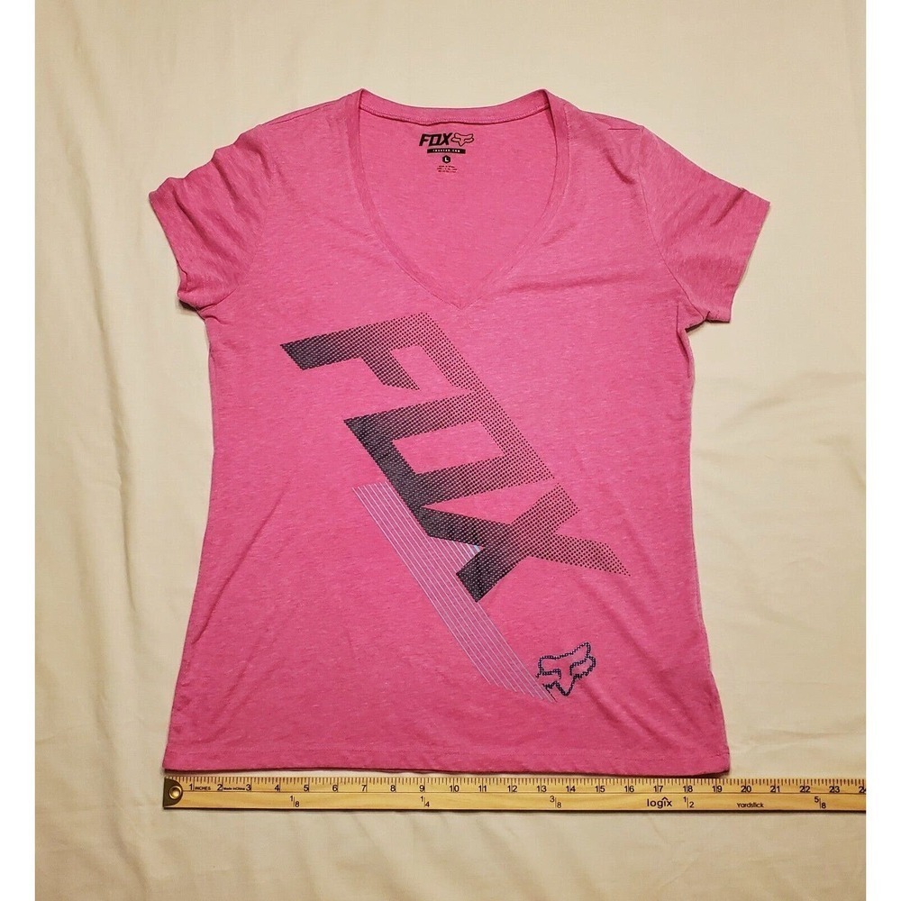 Fox Head Women's Fitted Neon Pink V-Neck T-Shirt Size Large Capped Sleeves